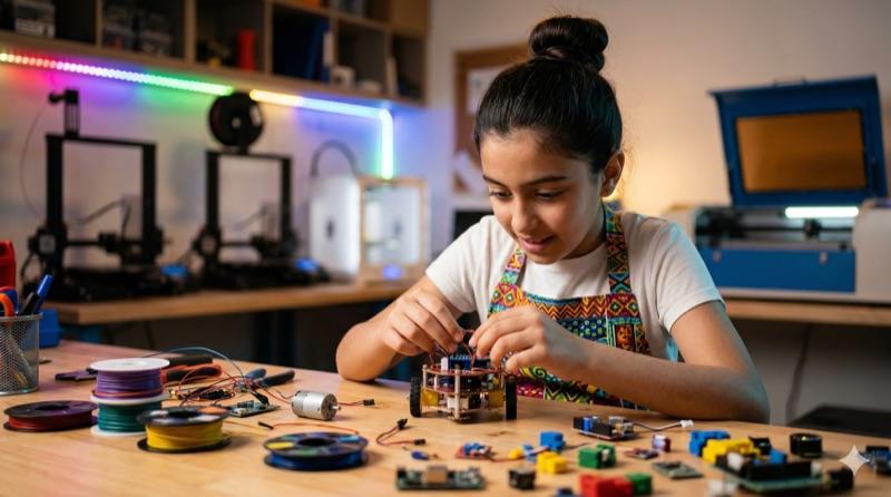 A young student building a robotics project at a workbench