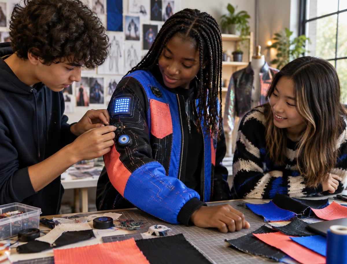 Young technology builders collaborating on a wearable project